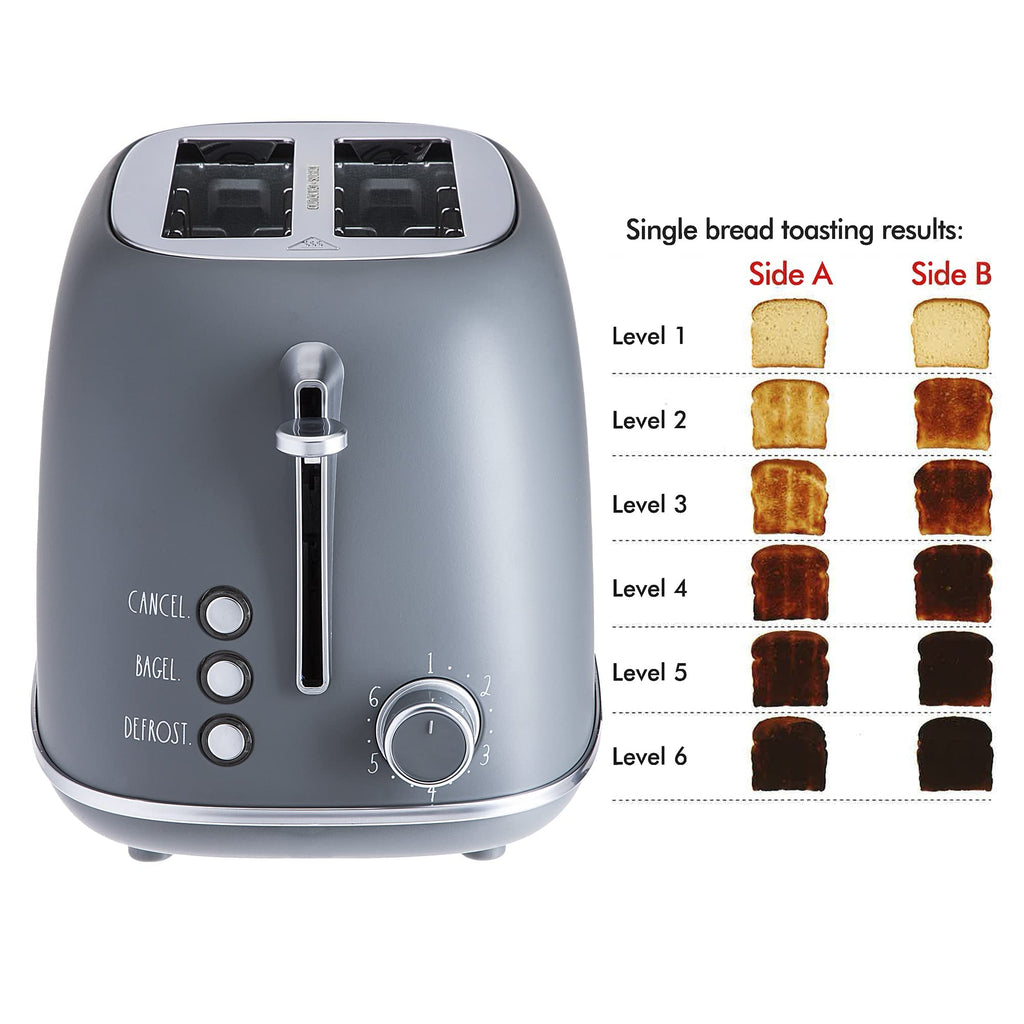 Rae Dunn Retro Rounded Bread Toaster, 2 Slice Stainless Steel Toaster with Removable Crumb Tray, Wide Slot with 6 Browning Levels, Bagel, Defrost and Cancel Options, Grey