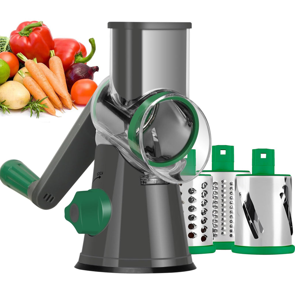 Ourokhome Rotary Cheese Grater Hand Crank, Kitchen Shredder Speed Mandolin Slicer Nut Grinder with Handle and Drum Blades for Cheese, Vegetable, Walnut, Chocolate, Potato, Carrot, 3 Blades, Red