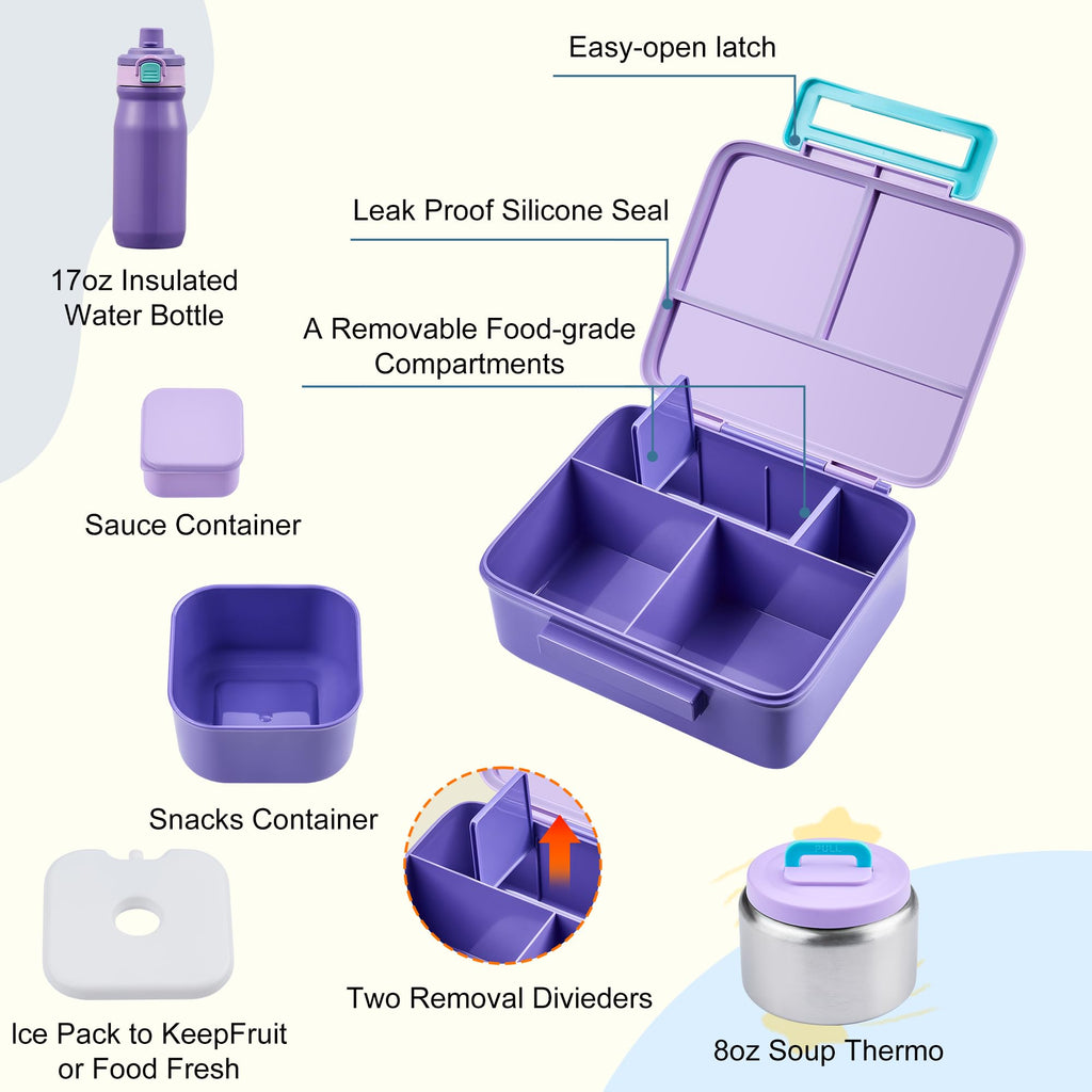 MAISON HUIS Bento Box for Kids with 8oz Soup Thermo, Leak-proof Lunch Food Containers with 5 Compartment, Insulated Lunch Bag & 17oz Stainless Steel Water Bottle for School, Trvael