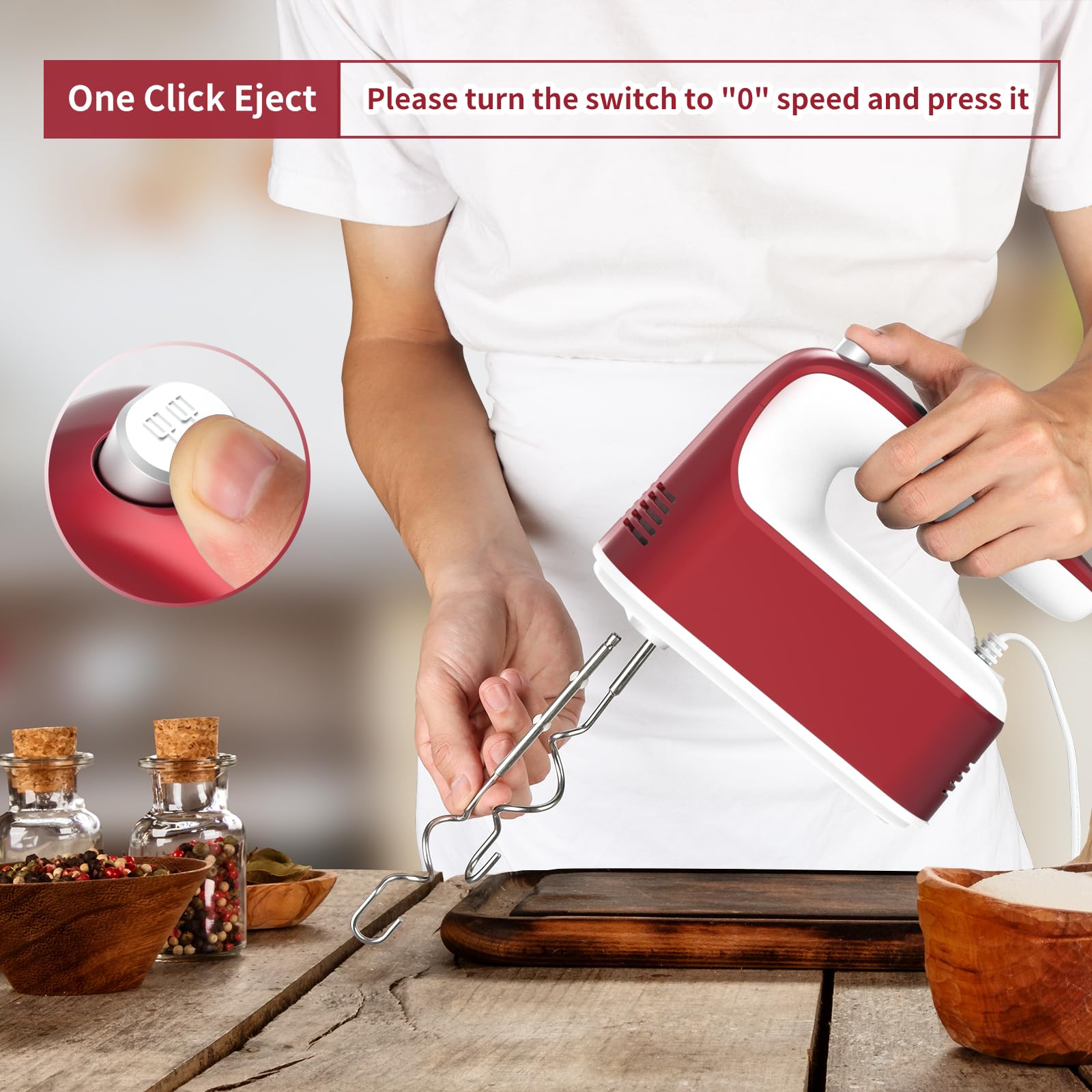 Yomelo 9-Speed Digital Hand Mixer Electric, 400W Powerful DC Motor, Hand Mixer Electric Handheld with Snap-On Storage Case, 5 Stainless Steel Accessories, Beaters, Dough Hooks, Whisk(Red/White)