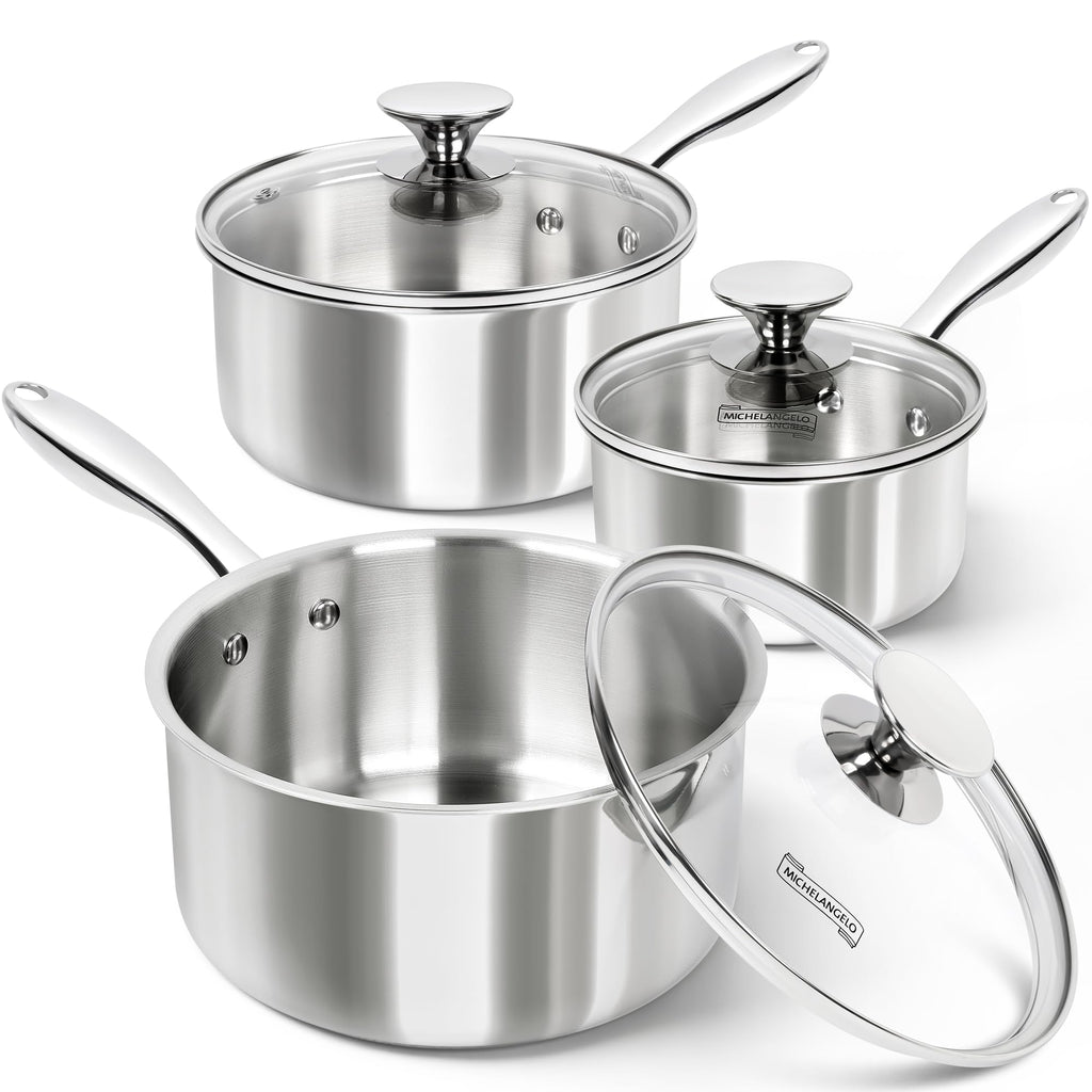 MICHELANGELO 3 Quart Saucepan with Lid & Steamer, Stainless Steel Sauce Pan with Triply Bottom, 3 QT Sauce Pot, Nonstick Saucepan Induction Compatible