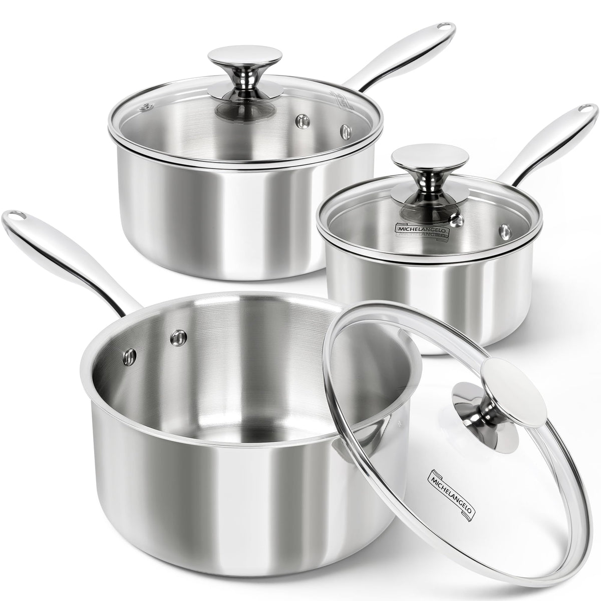 MICHELANGELO 3 Quart Saucepan with Lid & Steamer, Stainless Steel Sauce Pan with Triply Bottom, 3 QT Sauce Pot, Nonstick Saucepan Induction Compatible