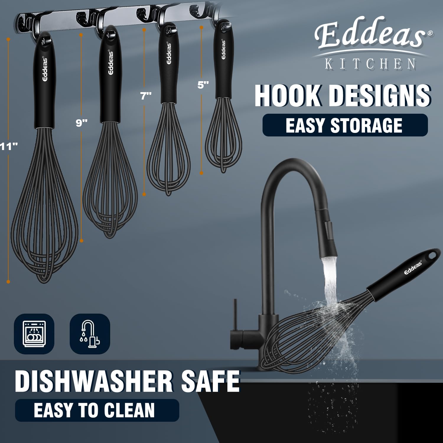 Eddeas Silicone Whisk - Non Scratch Whisks for Cooking, 500°F Heat Resistant Siliocne Wisk tool, Heavy Duty Kitchen Whisks, for Blending, Beating, set of 4 (5+7+9+11 inch) Black