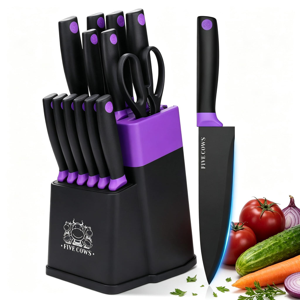 14 Pcs Kitchen Knife Block Set with Sharpener German High Carbon Stainless Steel Chef Knives, Razor-Sharp & Durable, Lightweight Anti-Slip Handle, Professional Set for Home & Kitchen (Red)