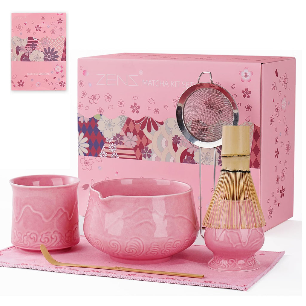 ZENS 7pcs Matcha Set, Matcha Whisk Set Includes Pink Bowl and Cup for Bamboo Whisk, (Chasen Holder), Scoop, 304 Sifter and Tea Mat, Pink Matcha Kit for Matcha Lovers