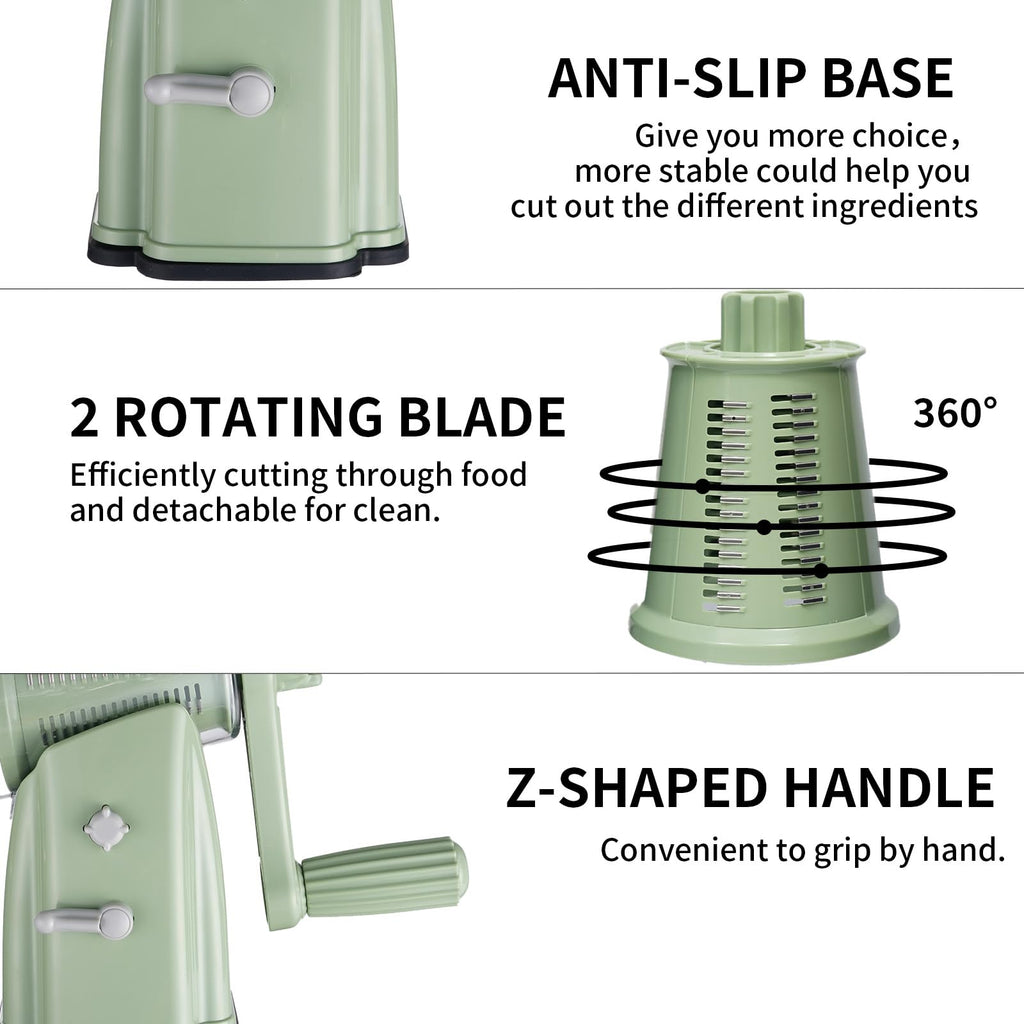 ChinKc Upgrade Rotary Cheese Grater Shredder with Handle, Strong Suction Base, Multi-purpose Rotary Grater Slicer with 5 Interchangeable Blades for Ice, Vegetables, Fruit, Nuts with Blade Storage Box