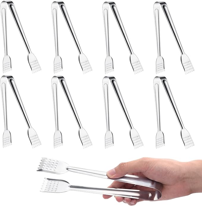 8 Pack Serving Tongs, 9 Inch, Silver, Stainless Steel, Ideal for Parties & Daily Use