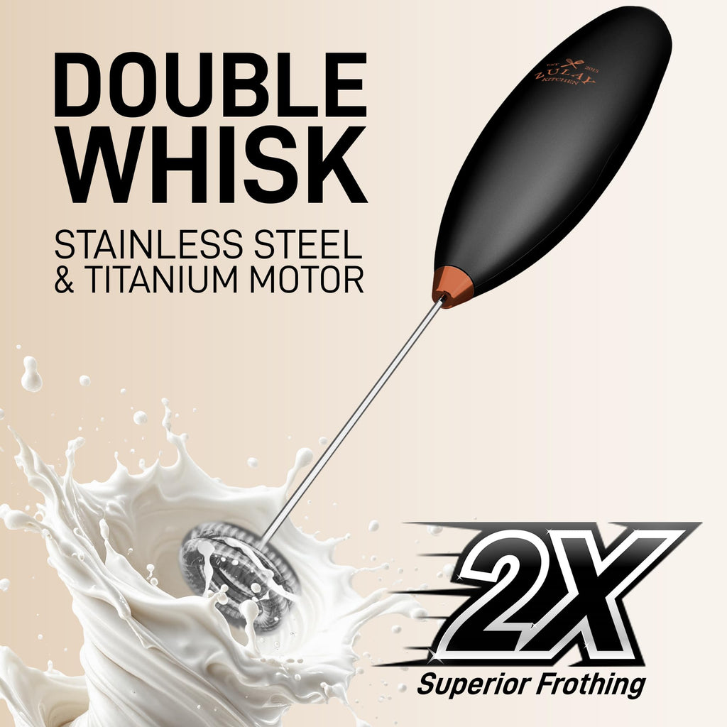 Zulay Kitchen Powerful Milk Frother Wand With Duracell Batteries - Ultra Fast Handheld Drink Mixer - Electric Whisk Foam Maker for Coffee, Lattes, Cappuccino & Matcha - Double Whisk - Black Copper