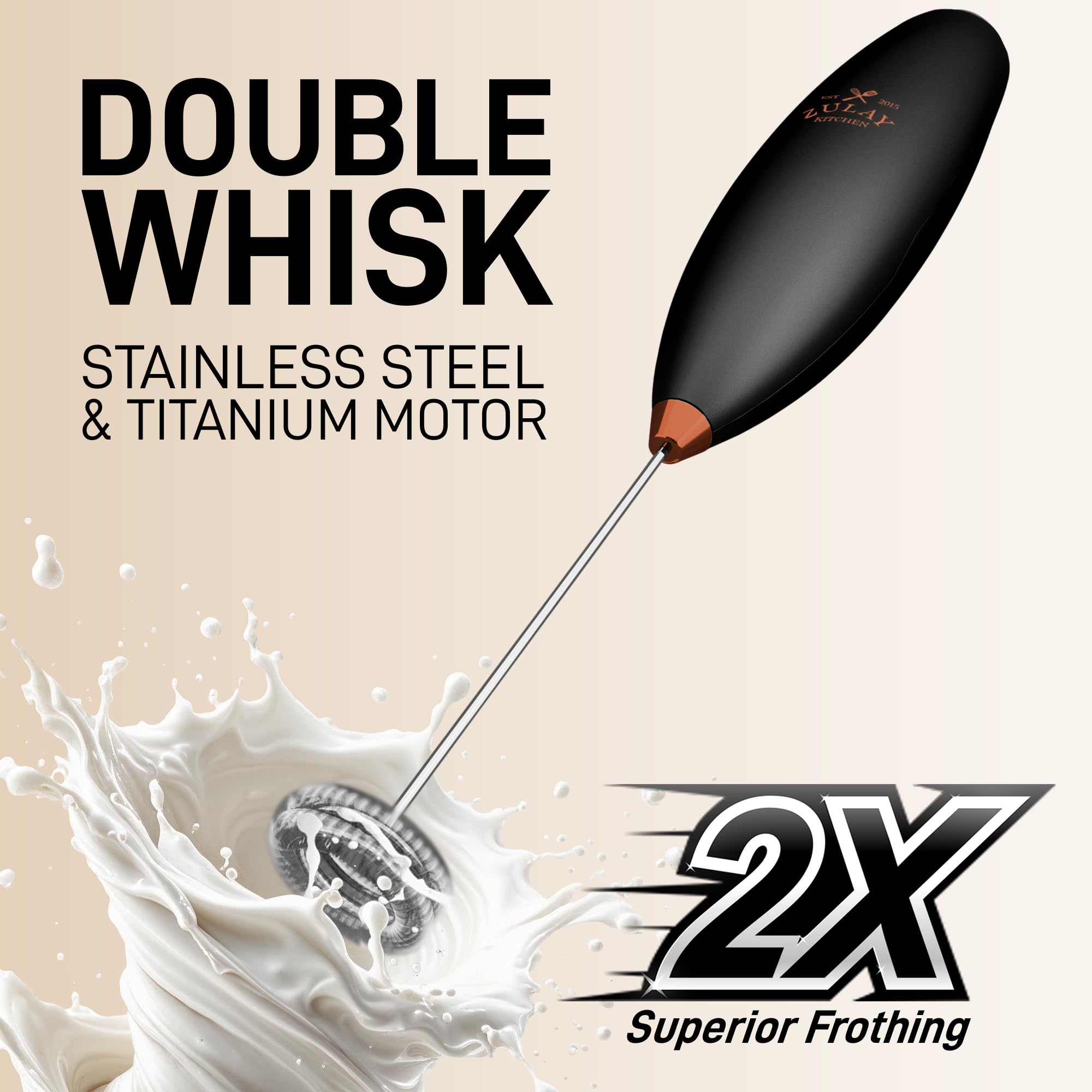 Zulay Kitchen Powerful Milk Frother Wand With Duracell Batteries - Ultra Fast Handheld Drink Mixer - Electric Whisk Foam Maker for Coffee, Lattes, Cappuccino & Matcha - Double Whisk - Black Copper