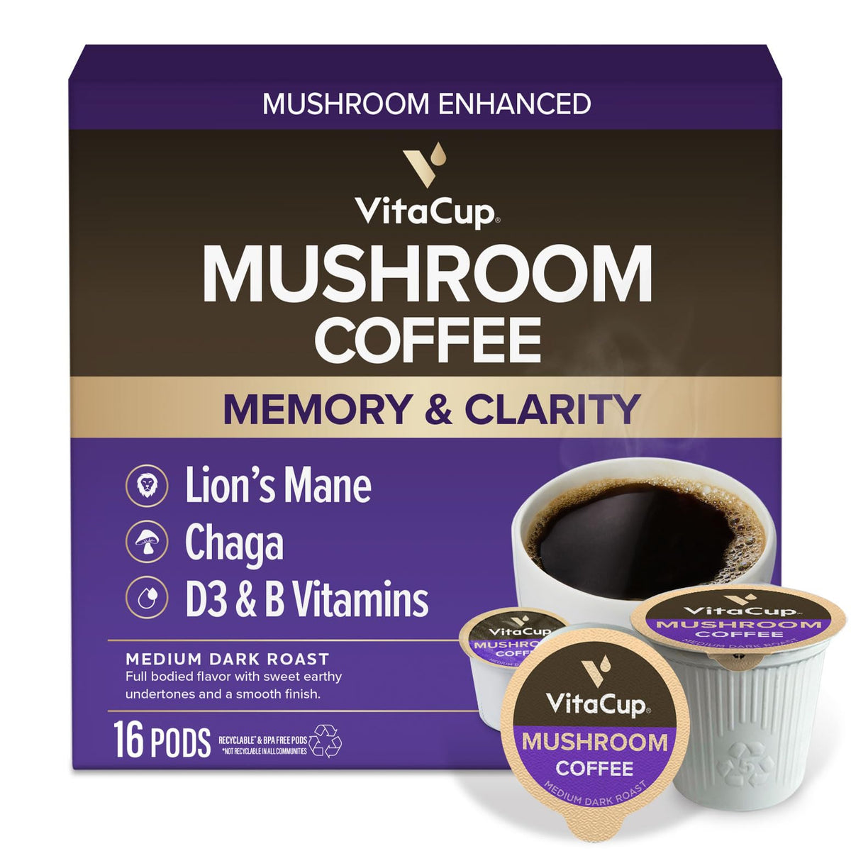 VitaCup Mushroom Coffee Pods, with Lions Mane for Memory & Clarity, 16ct
