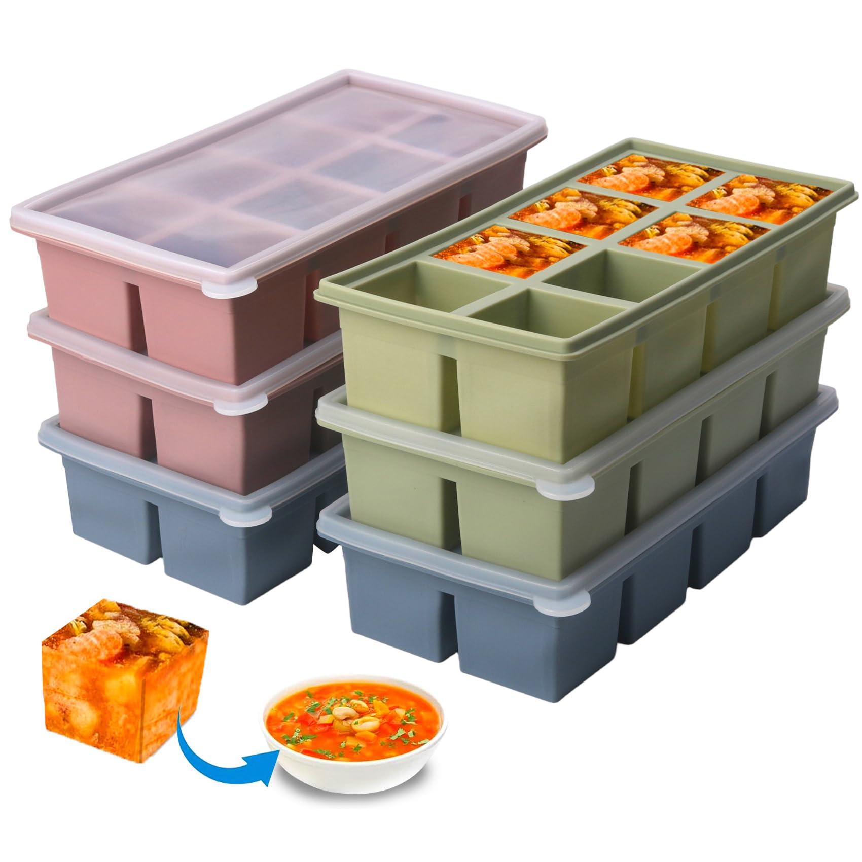 1/2 Cup Silicone Freezer Tray With Lid,Silicone Freezer Molds 6-Pack For meal prep & freezing of various sauces and other dishes, makes 48 perfect 1/2 cup portions cubes (Multicolor 6 Pack)