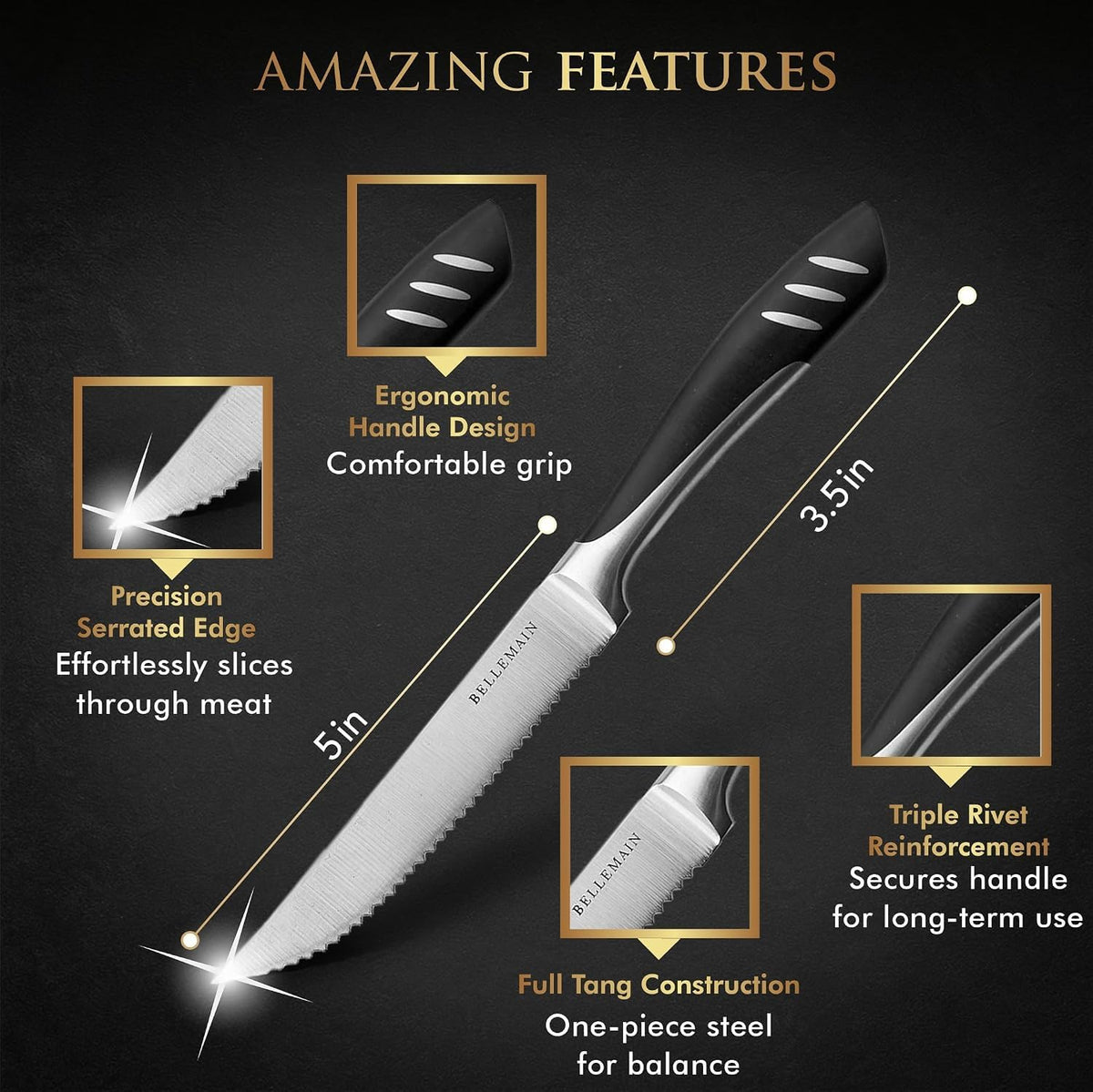 Bellemain Steak Knife Set of 8, Serrated Stainless Steel, Dishwasher Safe