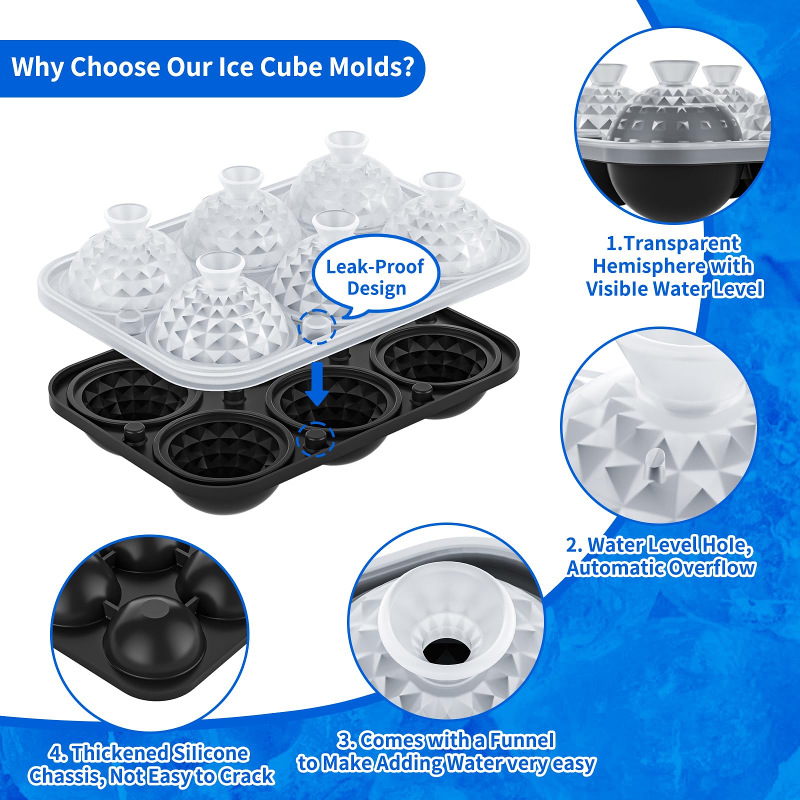 6 Chamber 1.83” 3D Crystal Round Ball Ice Cube Tray With Funnel,Large Circle Ice Molds Silicone Fun Shapes Whiskey Sphere Ice Tray,For Chilling Whiskey,Cocktails,Bourbon,Brandy and Beverages