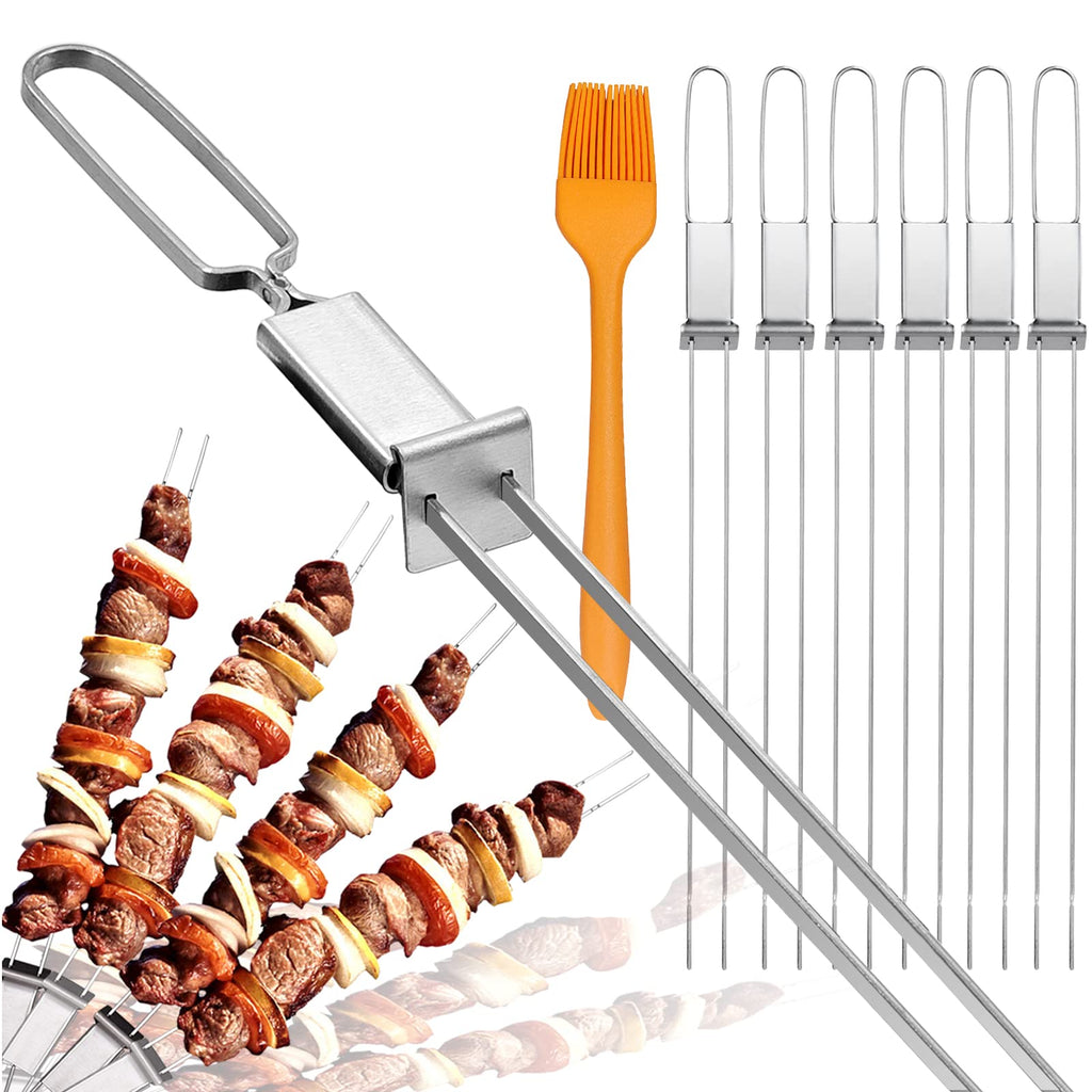 Metal Skewers, 17"（10PCS), Double Pronged Flat Stainless Steel with Slider