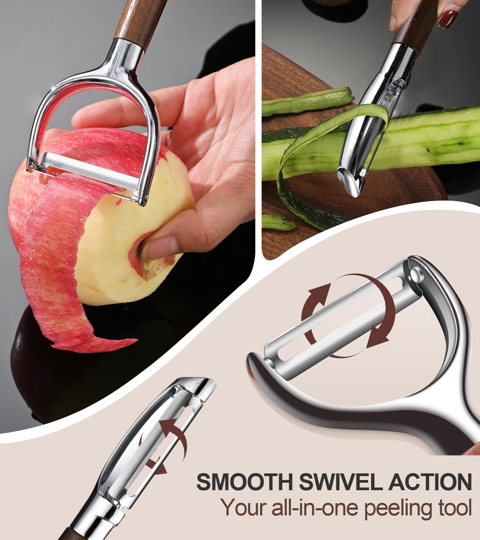 Ugotit Fruit Vegetable Peeler Set for Kitchen, Stainless Steel Potato Peelers Ultra Sharp Swivel Blade, Premium Real Wood Handle Leather Strap (Y&I Shaped)