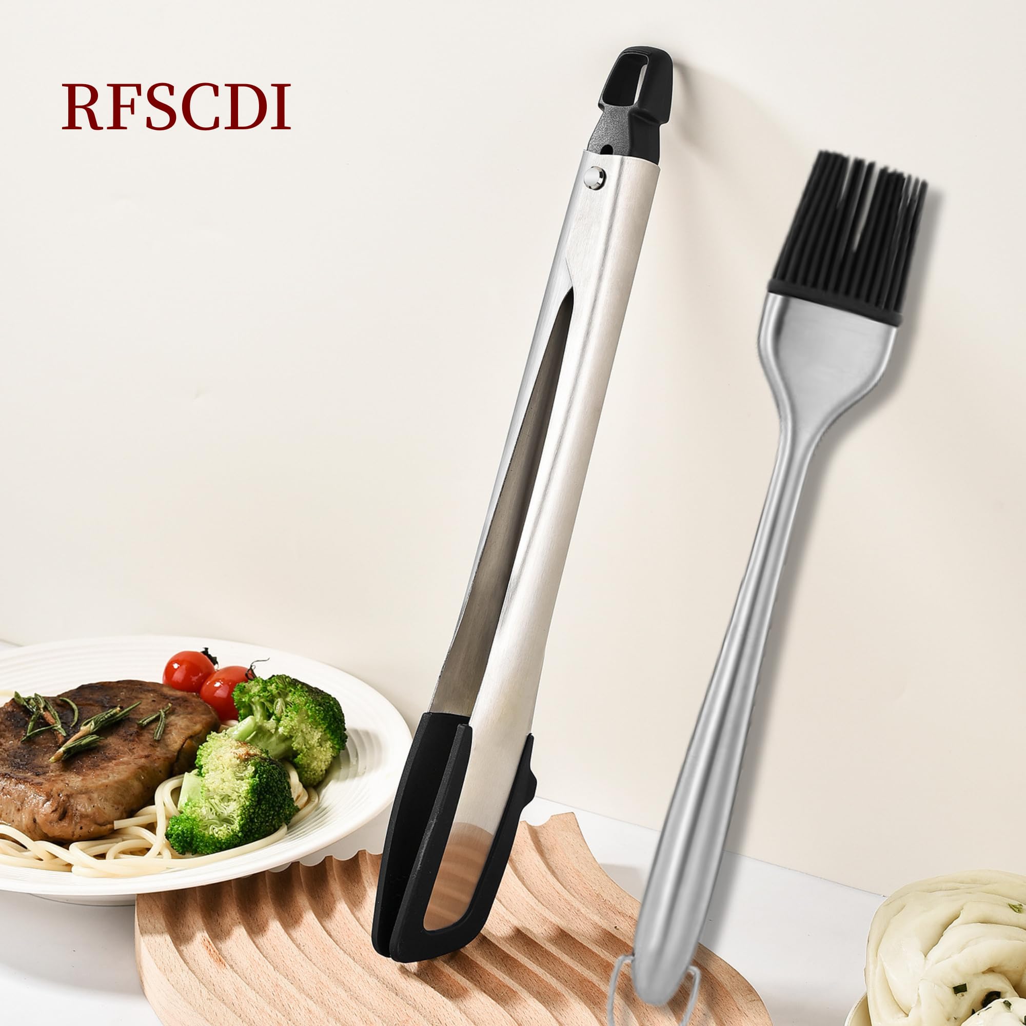 RFSCDI Heat-Resistant Kitchen Tongs and Basting Brush Set - 600℉ Stainless Steel Cooking Tongs with Metal Locking Mechanism - Ideal for Cooking, Grilling Steak, Baking Bread, and BBQ,(Silver 2Pcs)