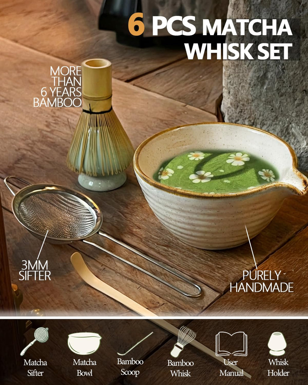 Vaiheng Matcha Whisk Set with Matcha Bowl, Matcha Whisk Holder Matcha Bamboo Whisks, Scoop, Sifter, Mothers Day Gifts for Women Mom Her Girl Friend Home Kitchen Decor Kit for Tea Enthusiasts