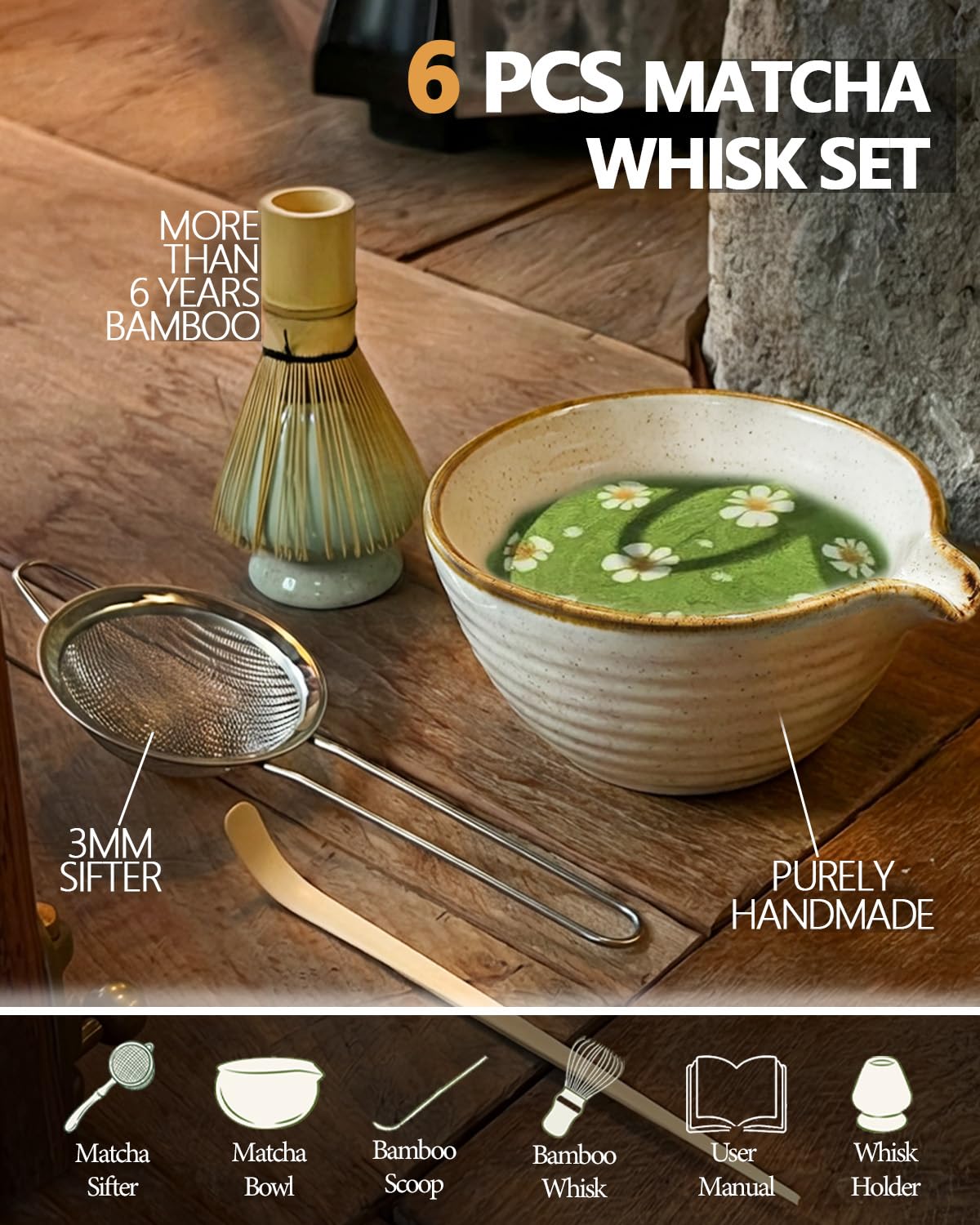 Vaiheng Matcha Whisk Set with Matcha Bowl, Matcha Whisk Holder Matcha Bamboo Whisks, Scoop, Sifter, Mothers Day Gifts for Women Mom Her Girl Friend Home Kitchen Decor Kit for Tea Enthusiasts