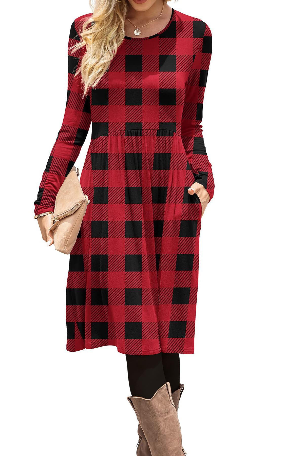 DB MOON 2026 Women Casual Long Sleeve Fall Dresses Empire Waist Knee Length Loose Dress with Pockets (Red Plaid, L)