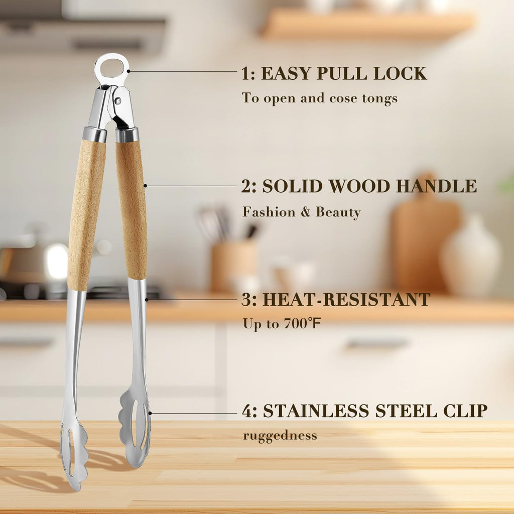 KULUNER Stainless Steel Barbecue Tongs with Solid Wood Handle, Kitchen Metal Locking Design, Extra Long 17.5 Inches 700 Degrees, Suitable for Food Cooking, Salad and Outdoor Grilling(Beechwood)