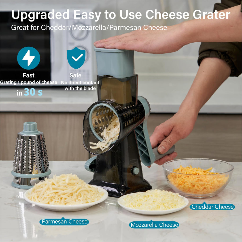 ALEXPHY Rotary Cheese Grater hand crank 3 blades with Stronger Suction Base | Stainless Steel Blades for Fruits, Vegetables, Nuts. Dishwasher Safe & Easy to Clean, Transparent Black & Blue