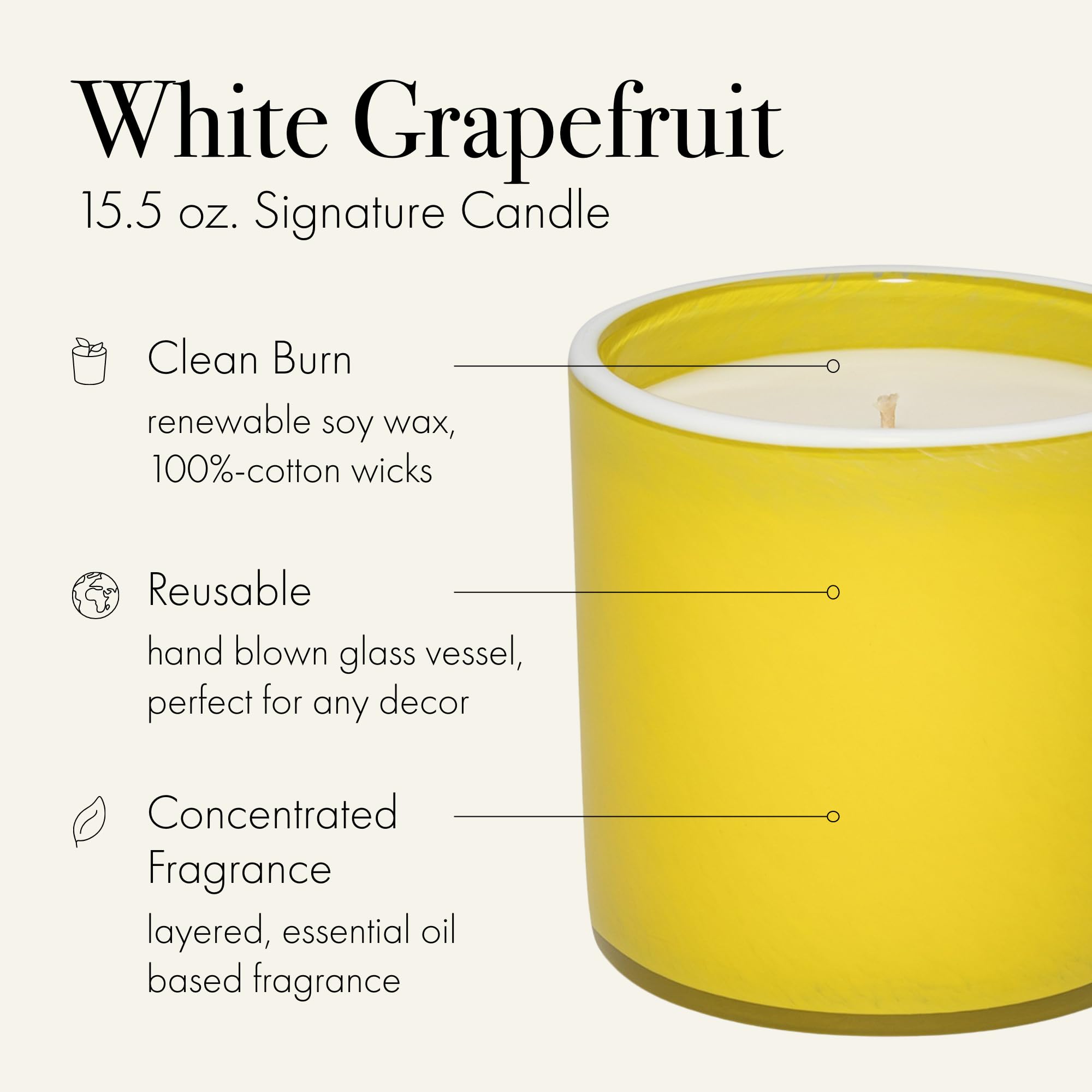 LAFCO New York Signature Candle, White Grapefruit - 15.5 oz - 90-Hour Burn Time - Reusable, Hand Blown Glass Vessel - Made in The USA