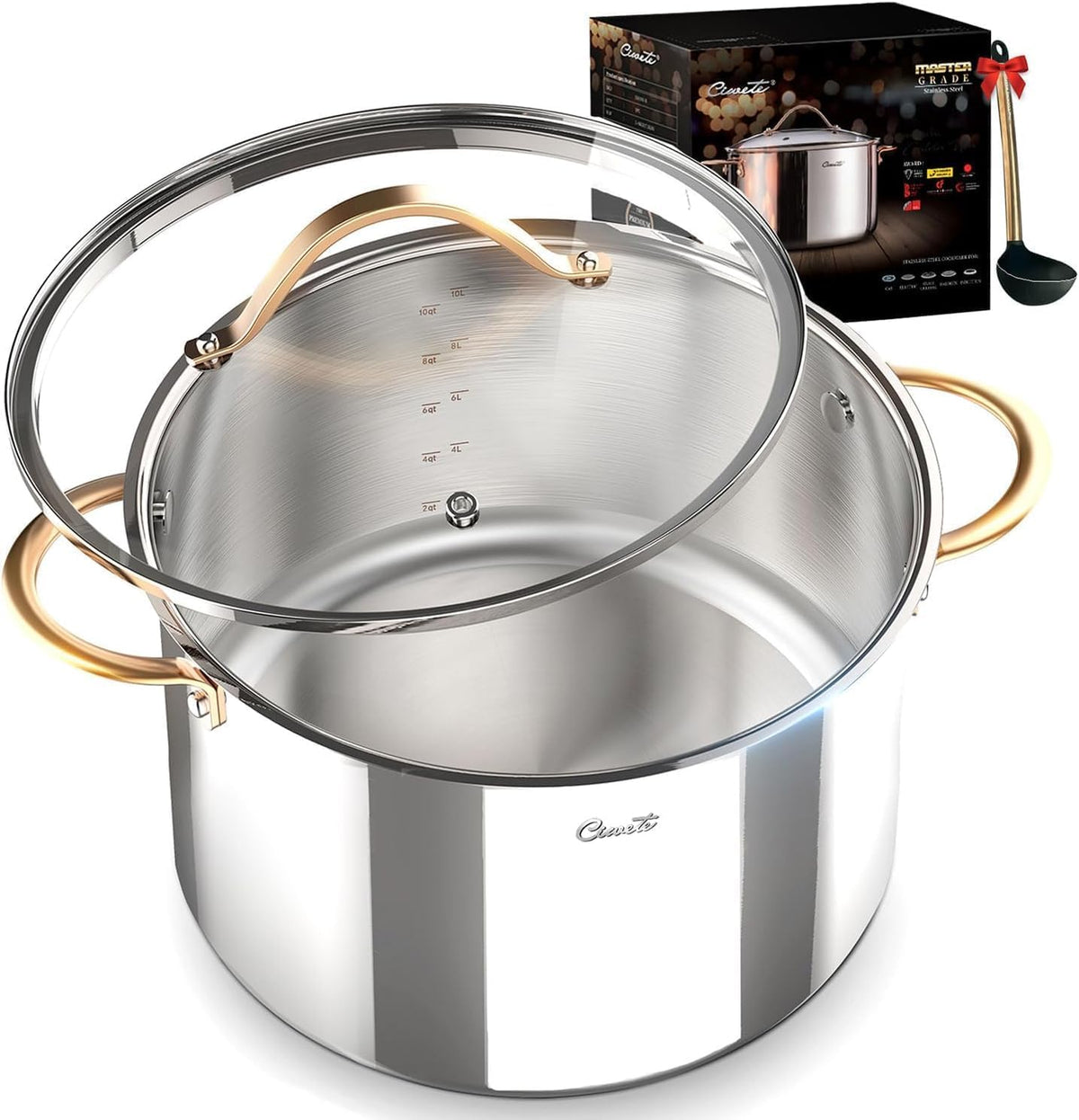 Ciwete Stock Pot 12 Quart, 18/10 Tri-Ply Stainless Steel Whole Clad Stock Pot with Lid, Seamless 12 QT Cooking Pot with Copper Handle, Healthy Stockpots, Induction, Gas, Oven and Dishwasher Safe