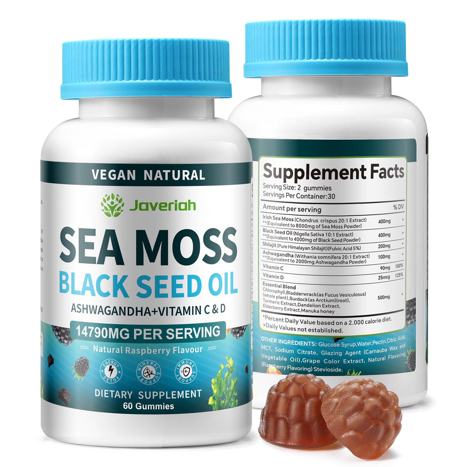 Vegan Ashwagandha Sea Moss Gummies - Black Seed Oil, Vitamin C&D for Immune Support, Digestive, Antioxidant 13 in 1 Bundle, Sea Moss Chlorophyll Advanced Strength Formula 2Pack 120 Gummies