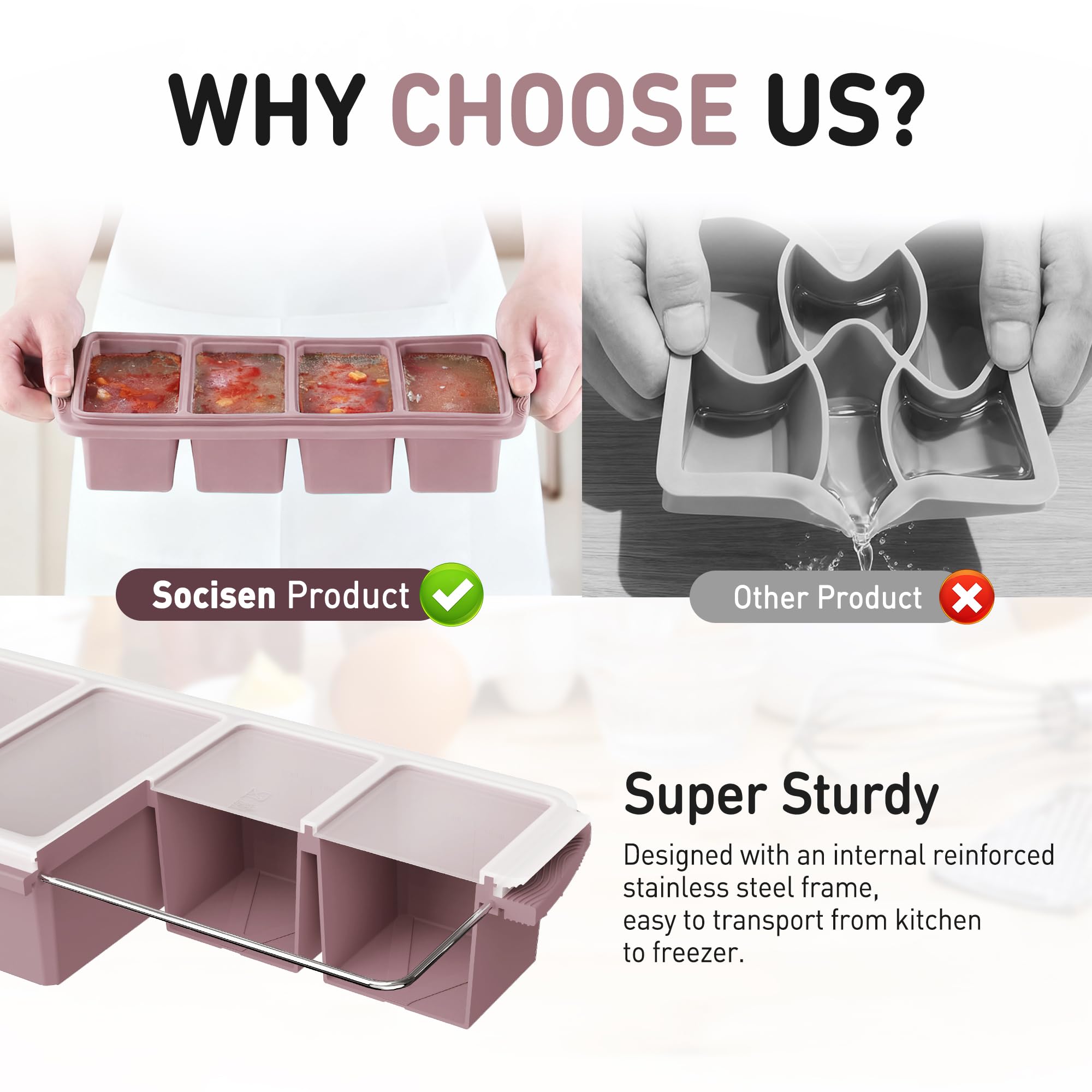 Silicone Freezer Tray with Lid Soup Freezer Container Molds with Steel Reinforced Rim Large Ice Cube Tray Makes 8 Perfect 1 Cup Portions Cubes Storage Food Containers House Essentials for New Home