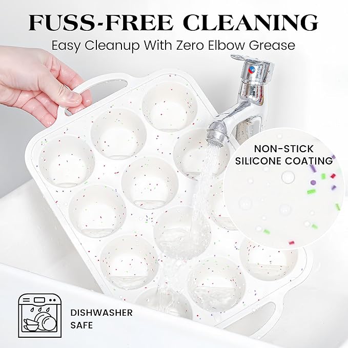 8 Pcs Silicone Muffin Pan Set, 12 Cup Regular and 24 Cup Mini Nonstick Muffin Tray with 6 Pcs Utensils, Silicone Muffin Pan for Baking with Metal Reinforced Frame BPA Free (8 Pcs, Cream)