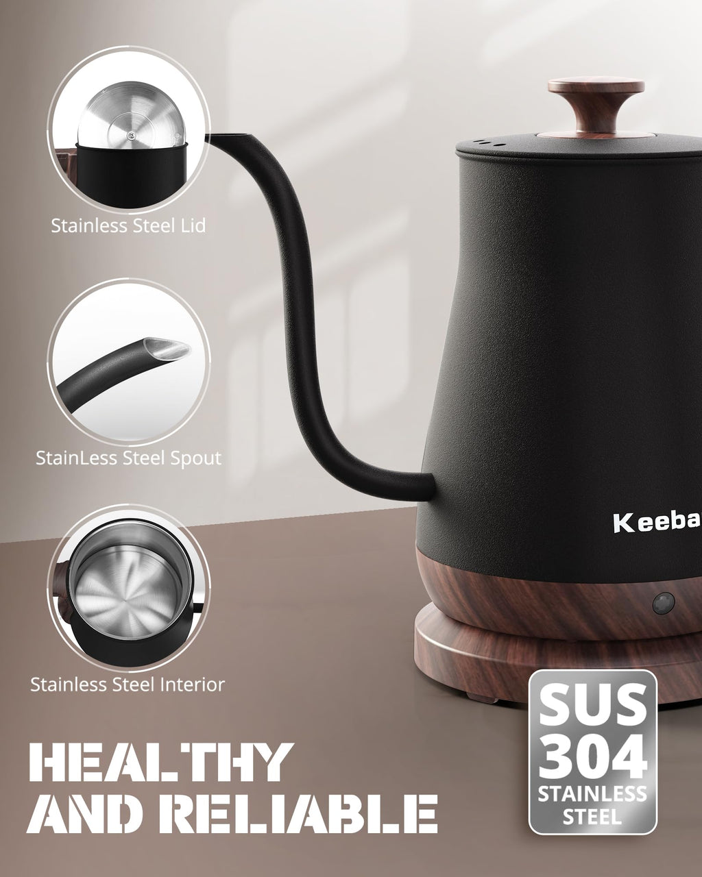 Keebar Gooseneck Electric Kettle - Stainless Steel Pour Over with Auto Shut Off, 0.8L Capacity, 1000W Quick Heating, Design with Elegant Handle, Matte Black with Walnut, Manual, (XH-W081-BW)