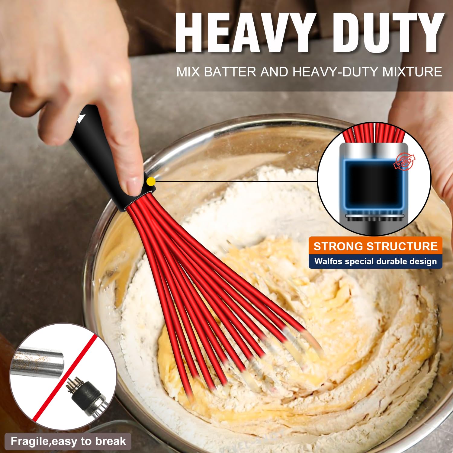 Walfos Whisk,7+9+11in Silicone whisk, BPA free Whisks for Cooking Non Scratch. Heat Resistant(480°F) Wisk. Perfect for Blending, Mixing, Beating etc.Dishwasher Safe.Set of 3 (Colorful)