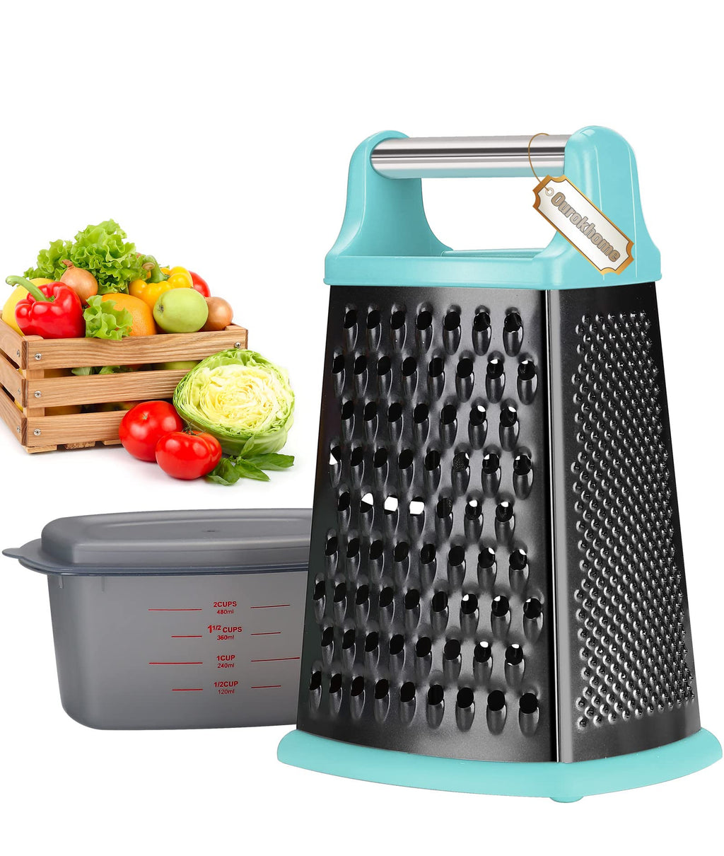 Ourokhome Cheese Grater with Handle, Stainless Steel Box Grater, 4 Side Kitchen Vegetable Shredder Slicer Zester with Container for Parmesan, Cabbage, Ginger, Lemon, Chocolate, Coconut (Red)
