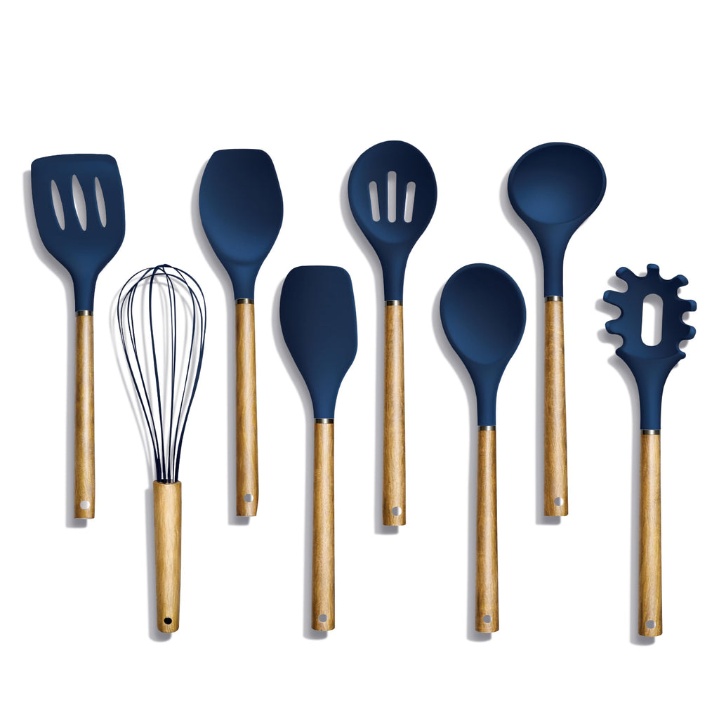 Country Kitchen Non Stick Silicone Utensil Set with Rounded Wood Handles for Cooking and Baking, 6 Piece Set, Black