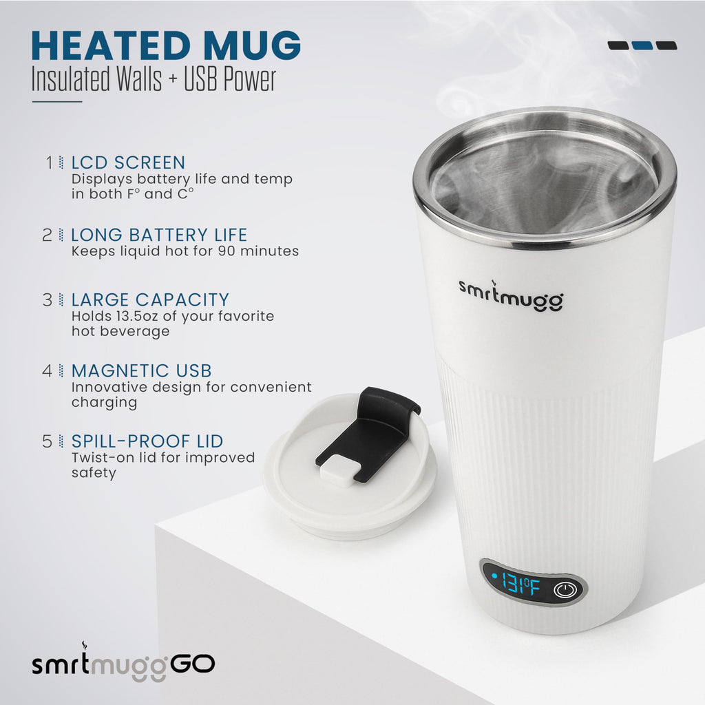 SmrtMugg GO Heated Coffee Mug, Travel Mug, 13.5 OZ. Smart Mug, Battery Powered Heated Coffee Mug, Great for Coffee and Tea, Snap on Magnetic Charging Cord, New and Improved (White)