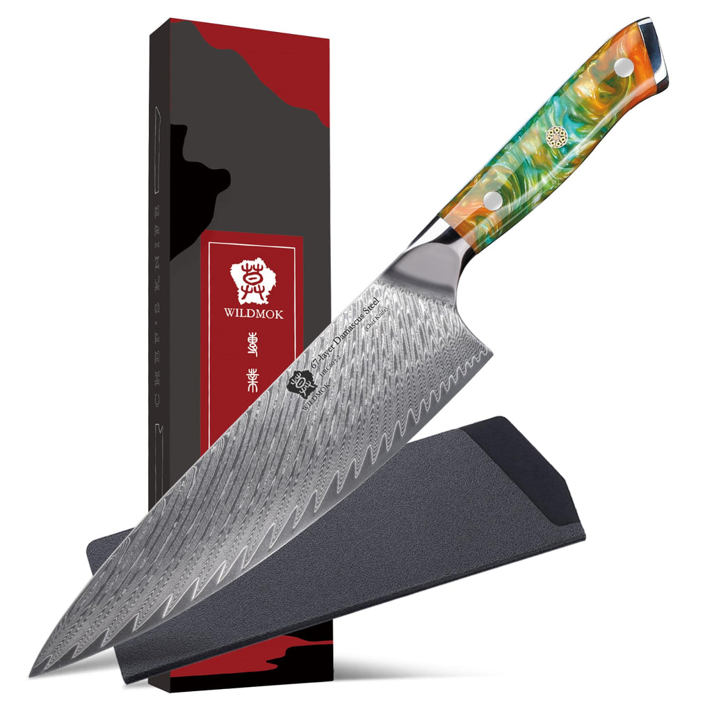 WILDMOK Damascus Chef Knife, 8 inch Japanese chef's knives, Resin Handle kitchen knife, sharp knives kitchen Cooking Knife, chef's knives Including Gift Box
