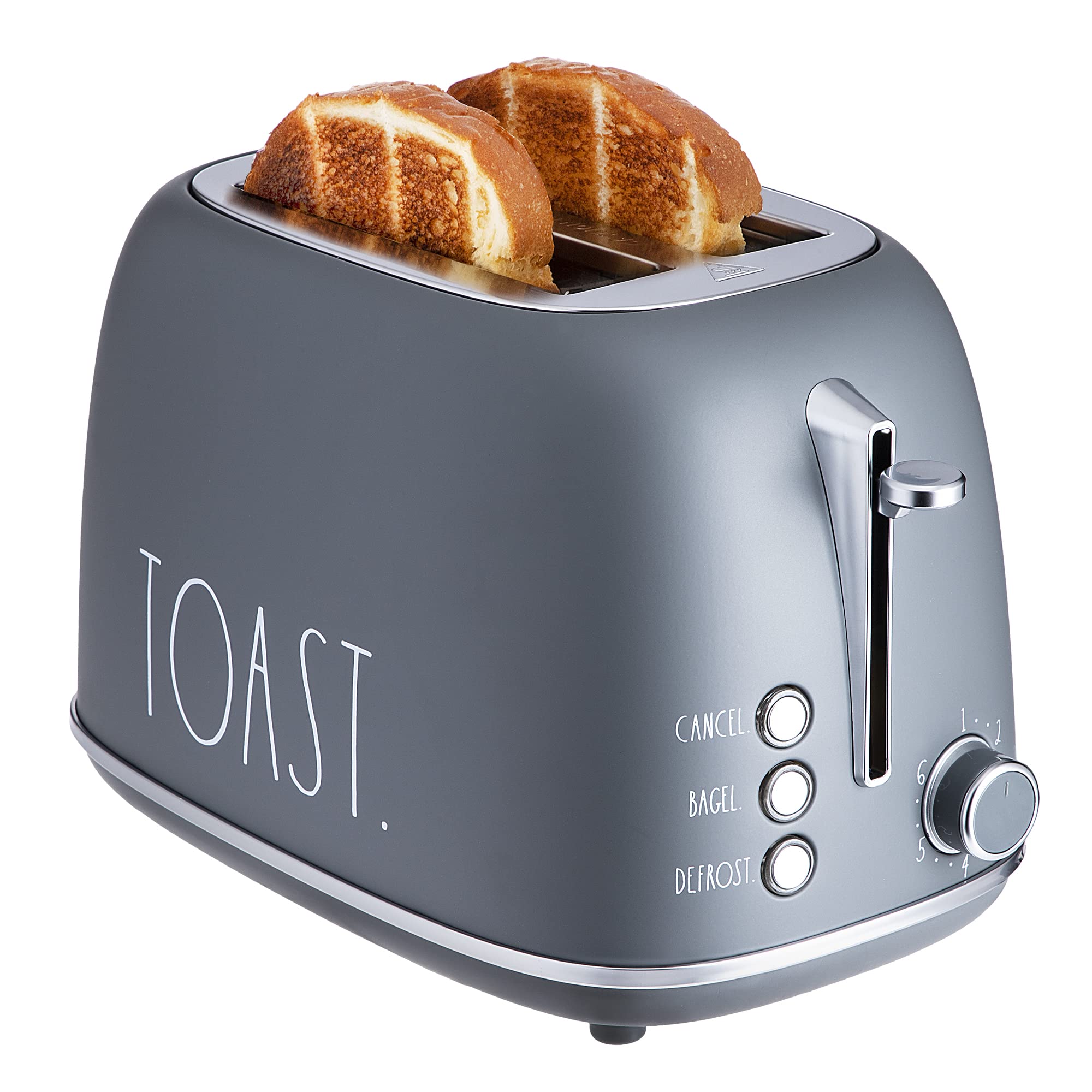 Rae Dunn Retro Rounded Bread Toaster, 2 Slice Stainless Steel Toaster with Removable Crumb Tray, Wide Slot with 6 Browning Levels, Bagel, Defrost and Cancel Options, Grey