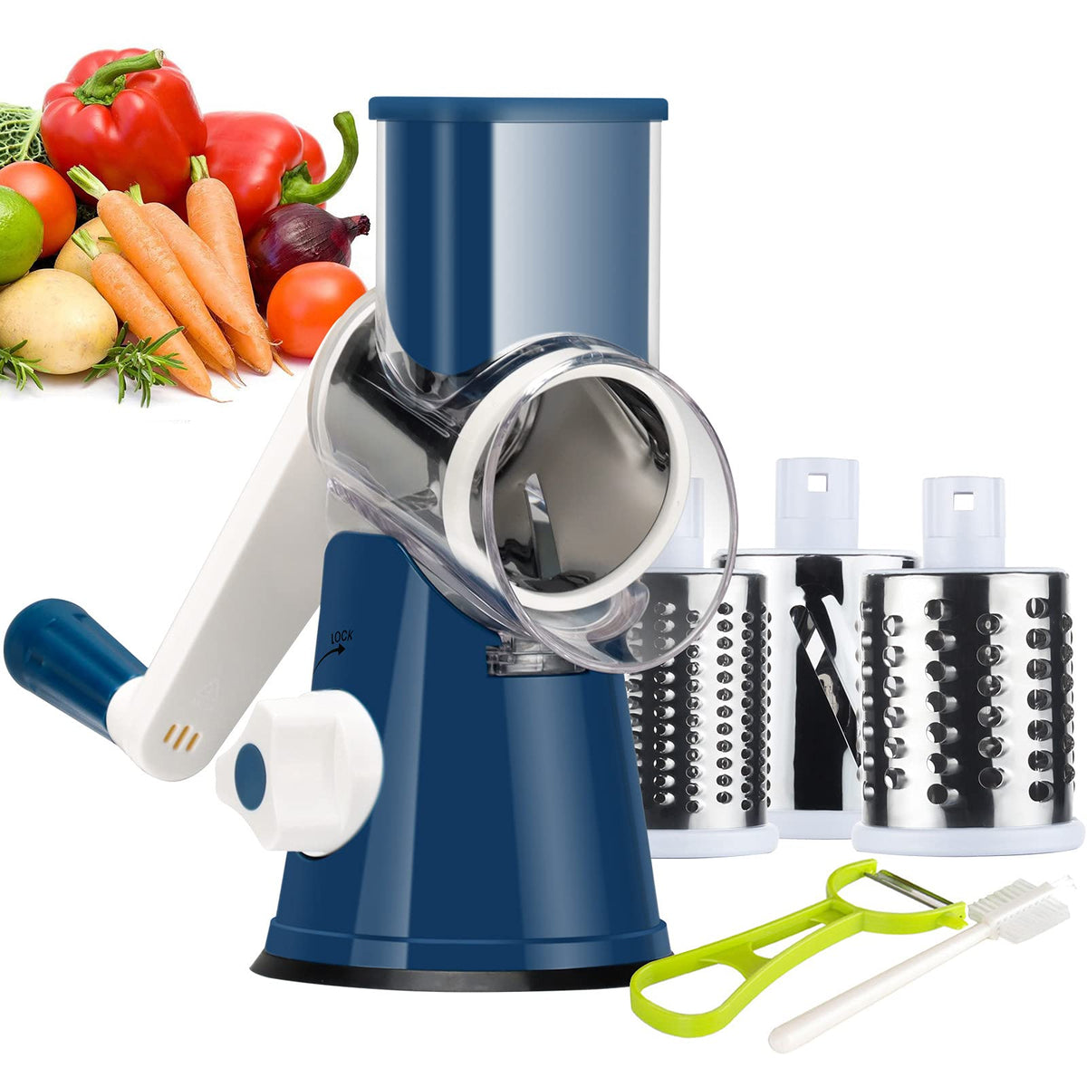 Ourokhome Rotary Cheese Grater Hand Crank, Kitchen Shredder Speed Mandolin Slicer Nut Grinder with Handle and Drum Blades for Cheese, Vegetable, Walnut, Chocolate, Potato, Carrot, 3 Blades, Red