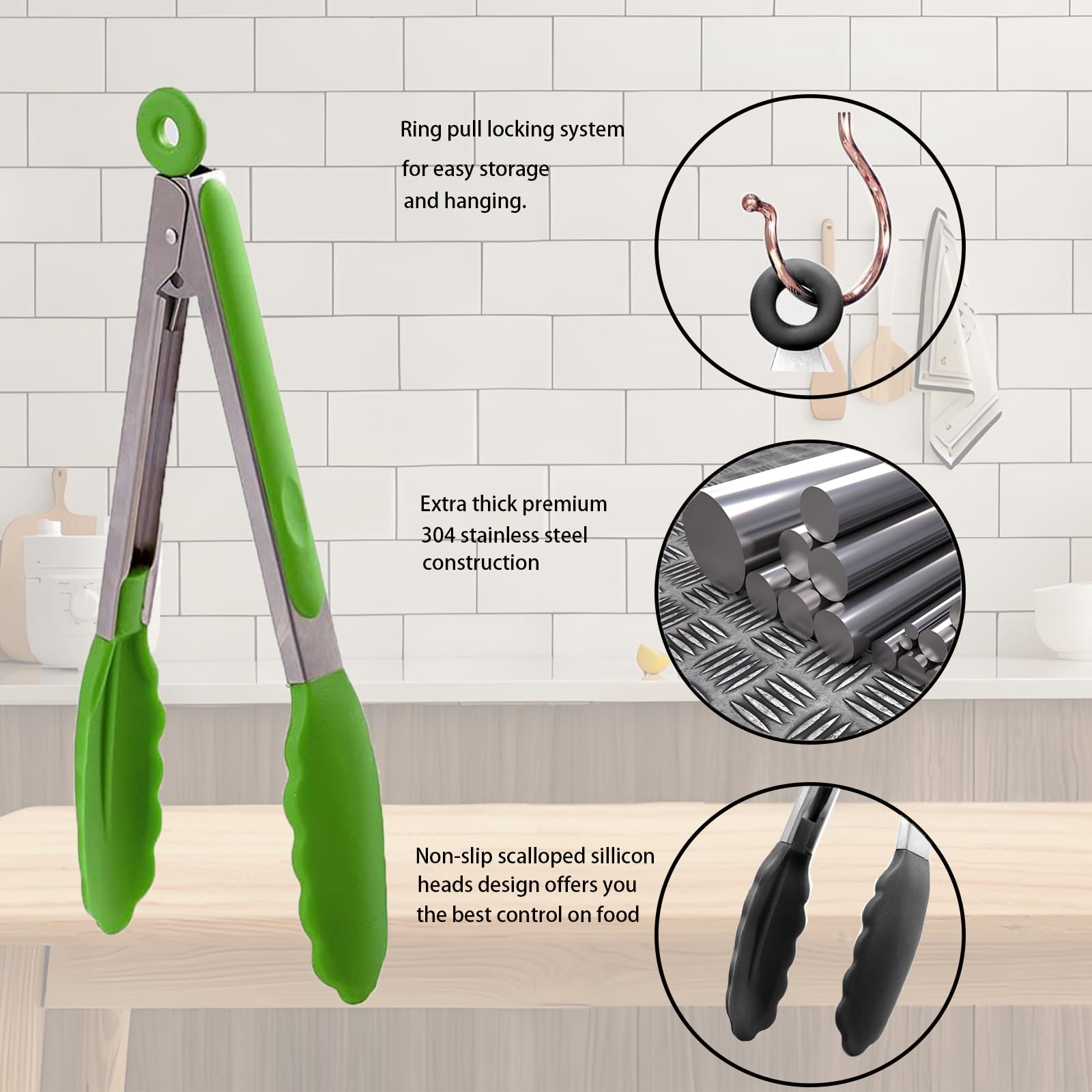 AMZDIAI Kitchen Tongs with Silicone Tips,Tongs for Cooking Heat Resistant 600 Degrees Stainless Steel Locking Tongs,Grass Green Set of 3-7", 9" and 12"