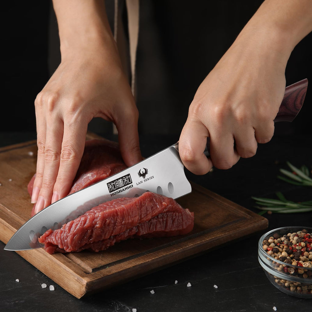 HOSHANHO 7" Chef Knife,Razor-Sharp Santoku Knife with Ergonomic Wood Handle