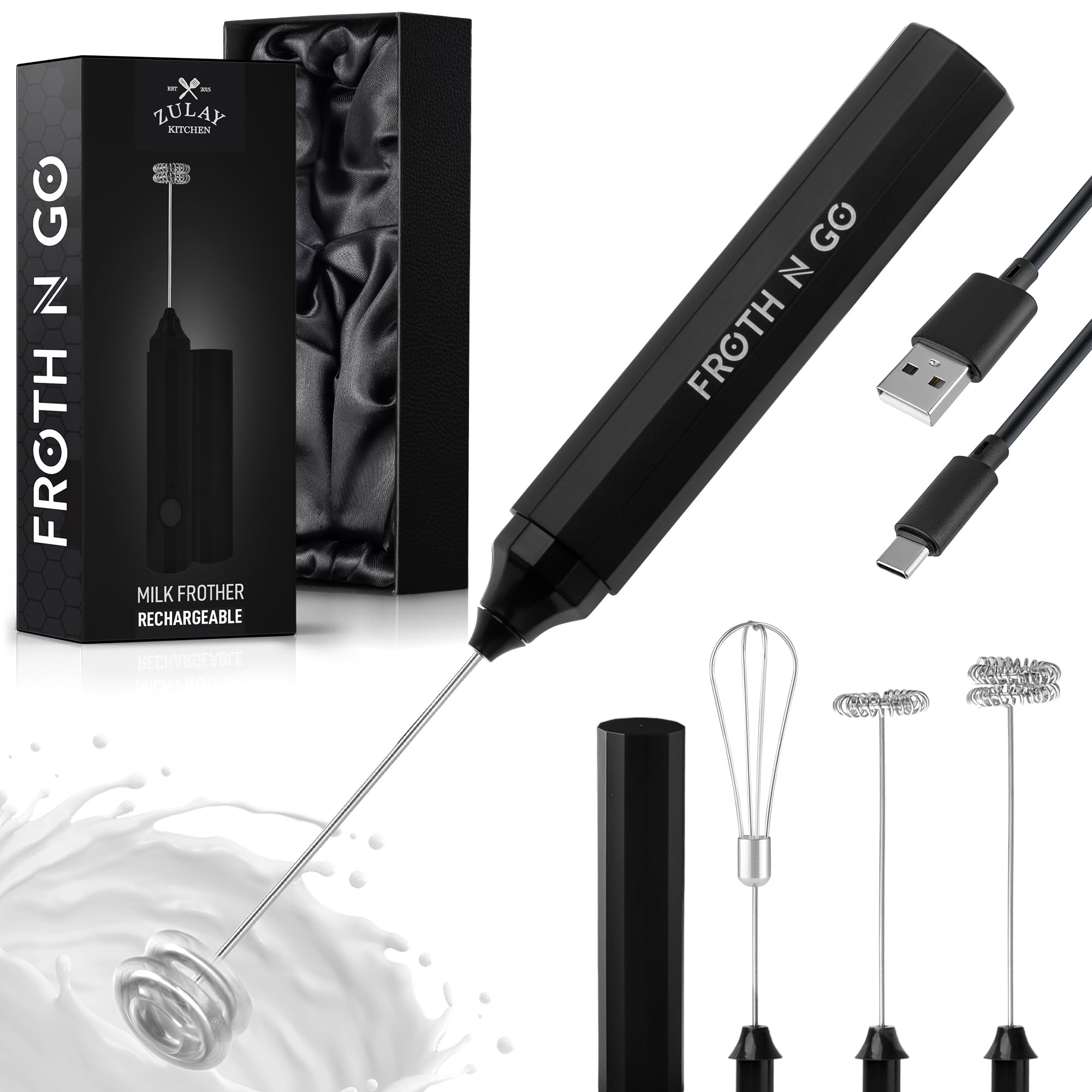 Zulay Rechargeable Milk Frother – 3-in-1 Handheld Frother Wand with Travel Case & USB-C Charger – Single, Double & Egg Whisk for Latte, Cappuccino, Matcha, Protein Shakes - Froth N Go Deep Black