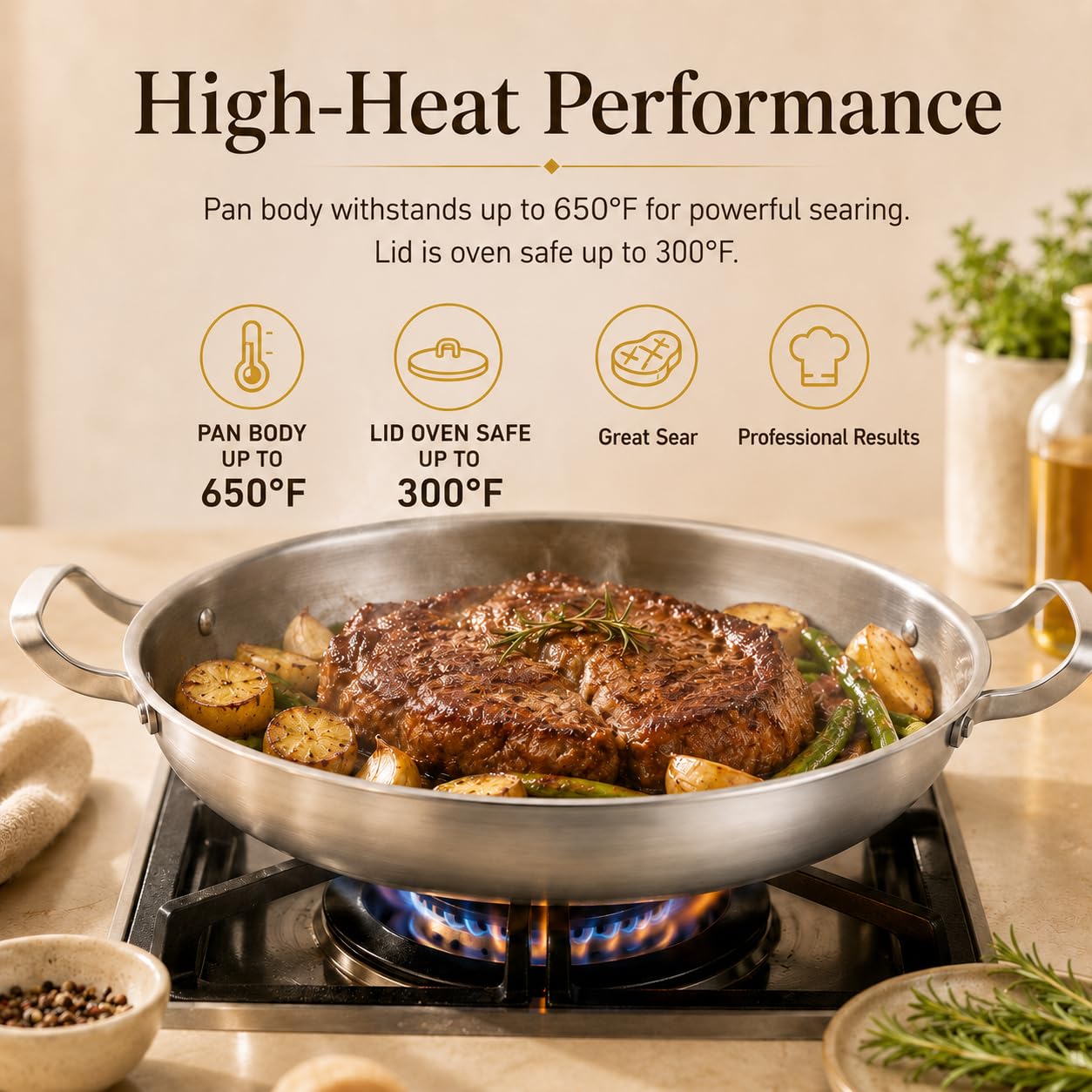 DELARLO Paella Pan 14 Inch Tri-Ply Stainless Steel Paella Pan with Lid, Jumbo Frying Pan, kitchen Induction Large Skillets,Great for Paella Parties Indoors Outdoors,Heavy Duty Style