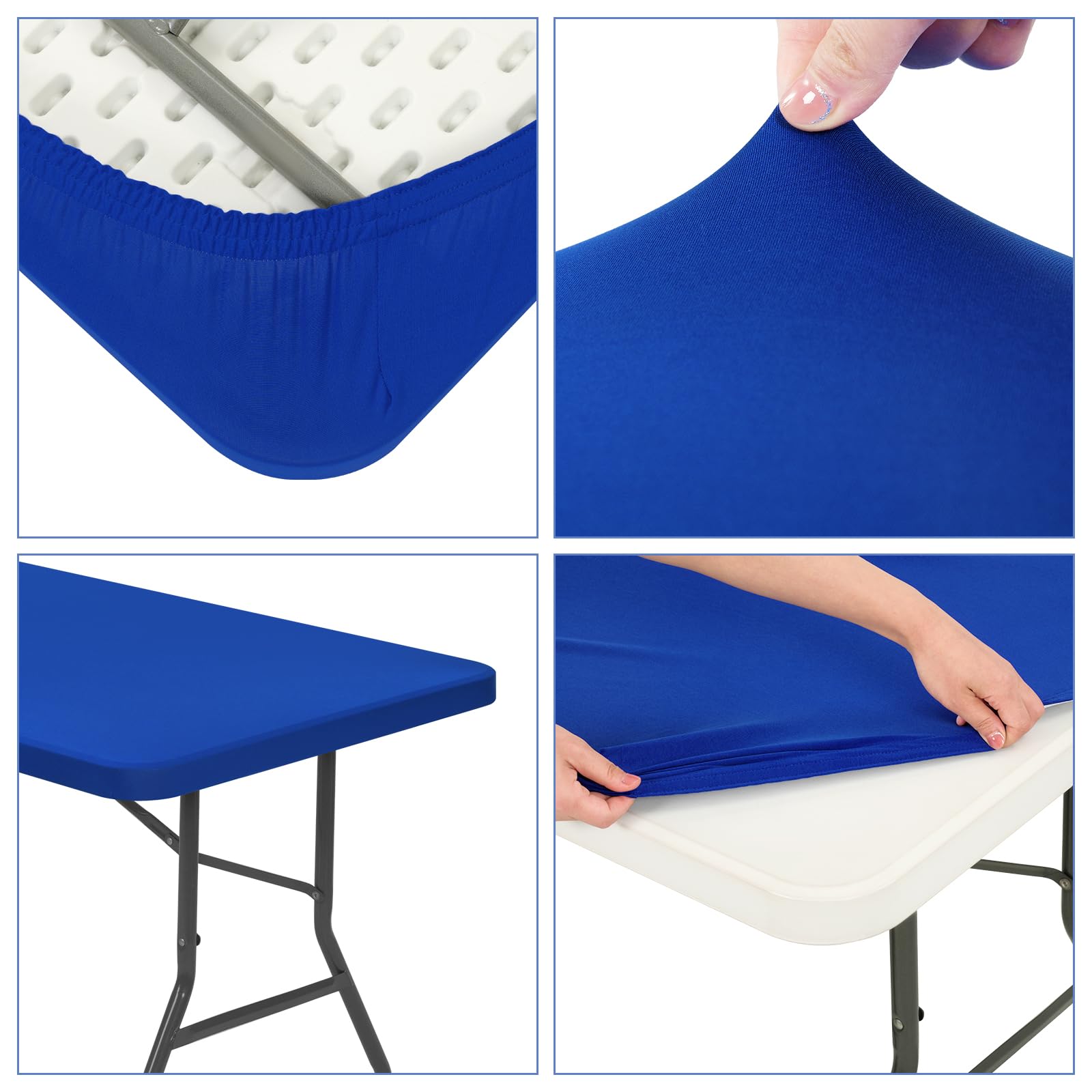 6 Pack Stretch Fabric Table Top Cap Cover, fits 8' Tables, Spandex Table Covers Washable Elastic Rectangle Tablecloth Protector for Indoor Outdoor Party Picnic Wedding, Royal Blue, 30" W x 96" L