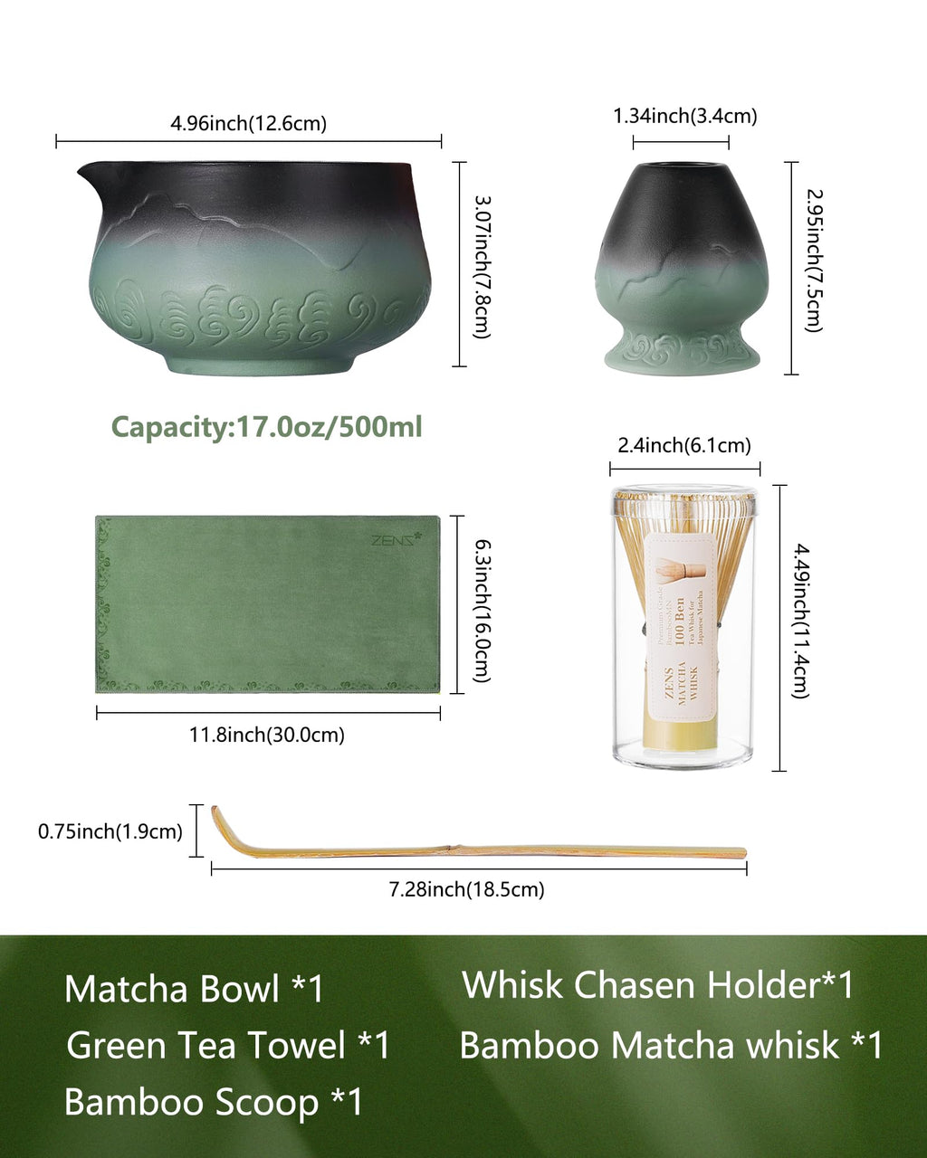 ZENS Matcha Whisk Set, 15oz Ceramic Matcha Set with Bowl and Bamboo Whisk, Scoop, (Chasen Holder) -Tea Towel, 5pcs Matcha Kit for Matcha Lovers, Sage Green
