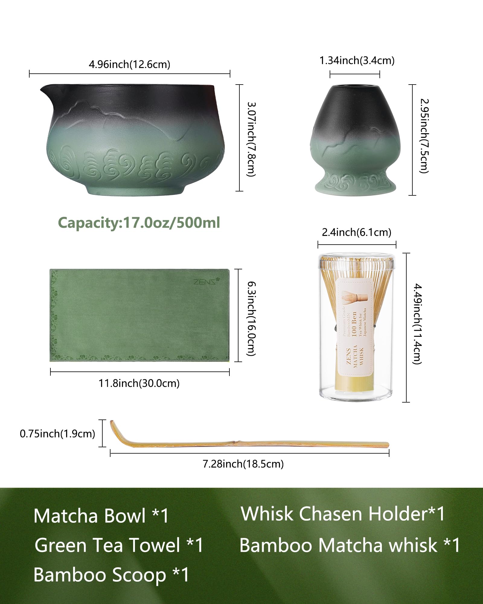 ZENS Matcha Whisk Set, 15oz Ceramic Matcha Set with Bowl and Bamboo Whisk, Scoop, (Chasen Holder) -Tea Towel, 5pcs Matcha Kit for Matcha Lovers, Sage Green