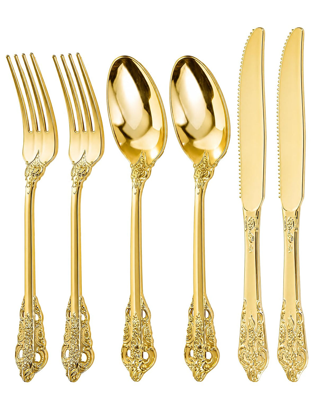 bUCLA HEAVYWEIGHT 300PCS Gold Plastic Silverware Disposable - Extra Heavy Duty Plastic Cutlery - Gold Disposable Utensils Set - Include 100 Knives, 100 Forks, 100 Spoons for Party & Special Moments