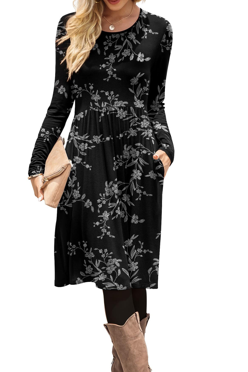 DB MOON Women Casual Long Sleeve Dresses Empire Waist Loose Dress with Pockets (White Flower Black, M)