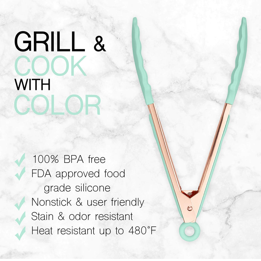 COOK WITH COLOR Stainless Steel Silicone Tipped Kitchen & BBQ Tongs Set, 2 Pc Tongs, Green