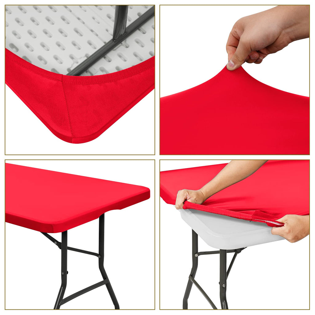 REWOMC 10 Pack Stretch Fabric Table Top Cap Cover, fits 8' Tables, Spandex Table Covers Washable Elastic Rectangle Tablecloth Protector for Indoor Outdoor Party Picnic Wedding, Red, 30" W x 96" L