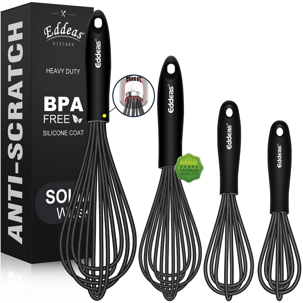 Eddeas Silicone Whisk - Non Scratch Whisks for Cooking, 500°F Heat Resistant Siliocne Wisk tool, Heavy Duty Kitchen Whisks, for Blending, Beating, set of 4 (5+7+9+11 inch) Black